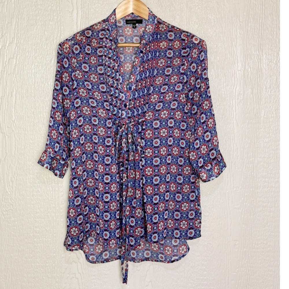 Weavers Women Blue Red Medallion Festival Tie Front 3/4 Sleeve Blouse Boho Med
